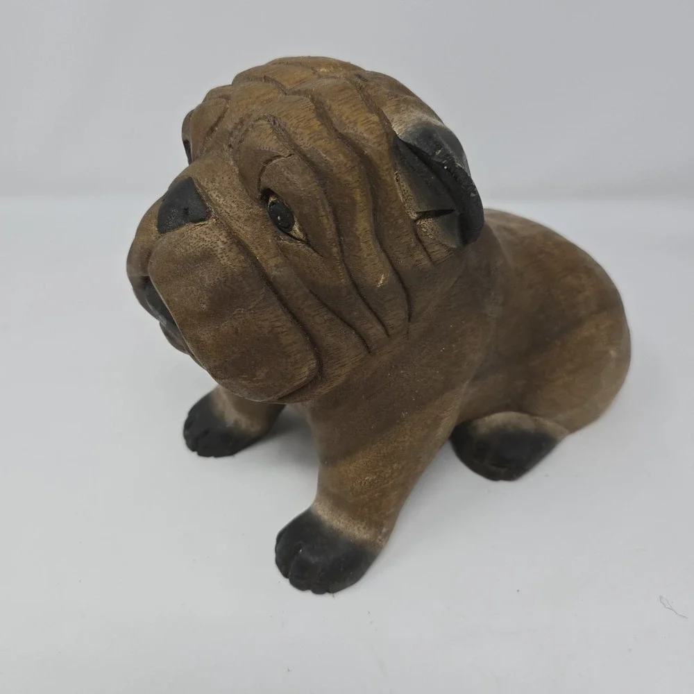 Vintage ARTISAN CRAFTED Hand-Carved Wood Bulldog Figure‎ 7 x 10